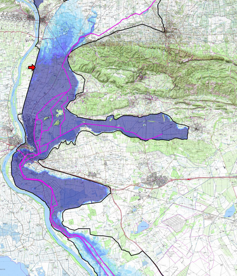 Modélisation hydraulique d'une crue type 1856 (12 500 m3/s) - Brèche, quasi-certaine, avant les travaux entre Tarascon et Arles